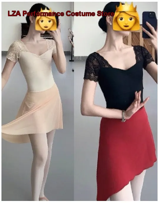 Lanbo Lace Patchwork Body Suit Short Sleeves Dance Gymnastics Women's Adult Art Exam Basic Training