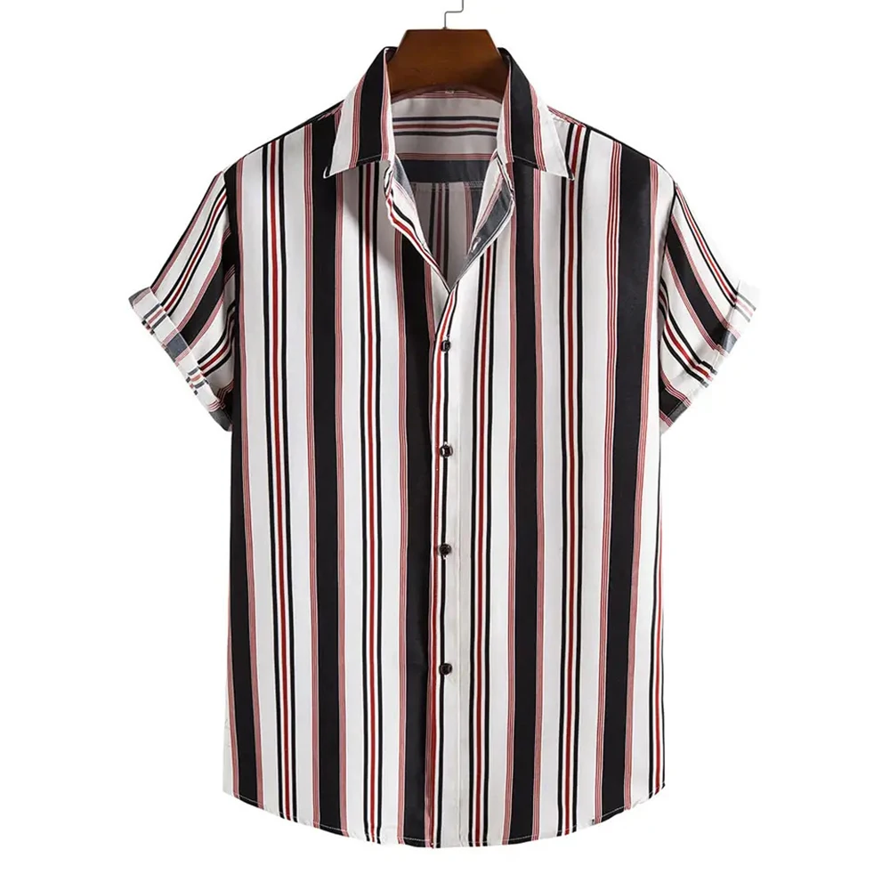 Men's Vertical Stripes Contrast Color Casual Short-sleeved Shirt Summer Fashion Men's Lapel Cardigan Man Clothing Comfortable