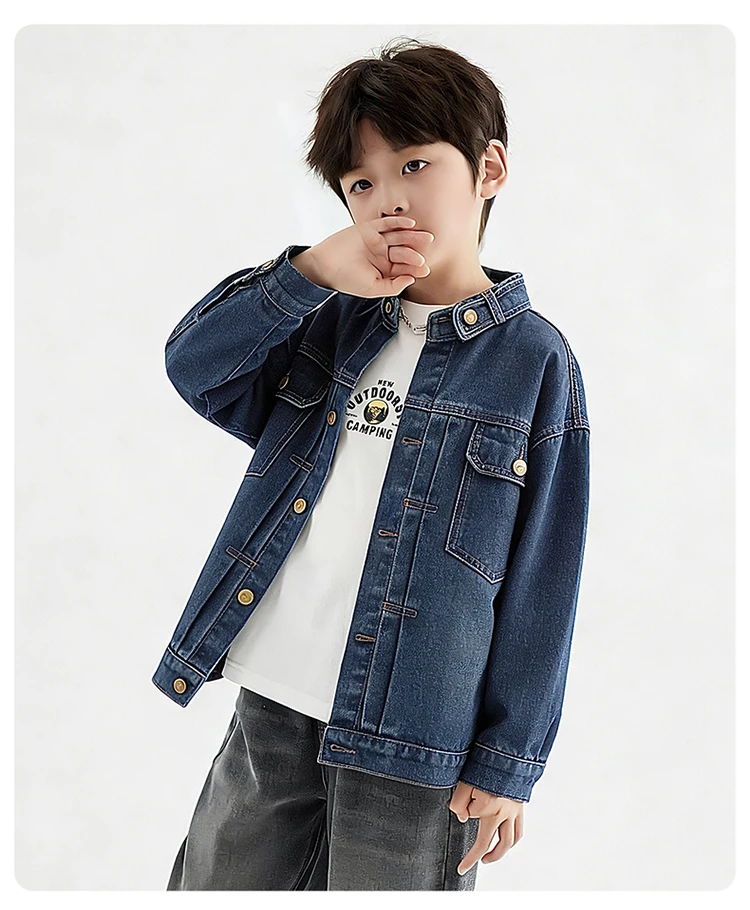 Neue Herbst-Kinderkleidung: Coole Jeansjacke für Teenager-Jungen, Vintage Blaue Jeansjacke mit Fronttasche, Lässiges Kinder-Outfit 5-14 Jahre – Detail 4