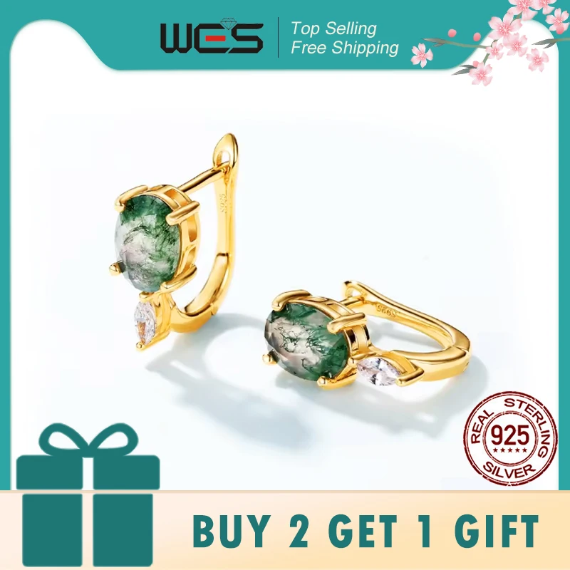 

WES 925 Sterling Silver Unique Moss Agate Earrings for Woman Natural Gemstone Fine Jewelry Engagement Gold Plated Wedding Gift