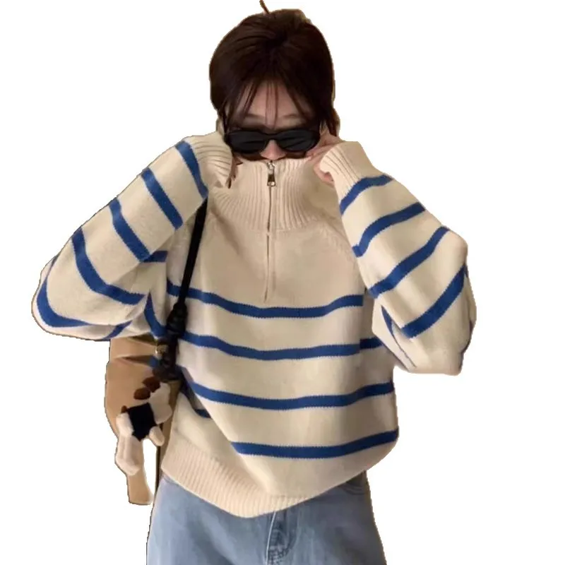 Casual sle outono lã camisola de malha solta zíper gola listrado macio aconchegante camisola pulôver de tartaruga feminina