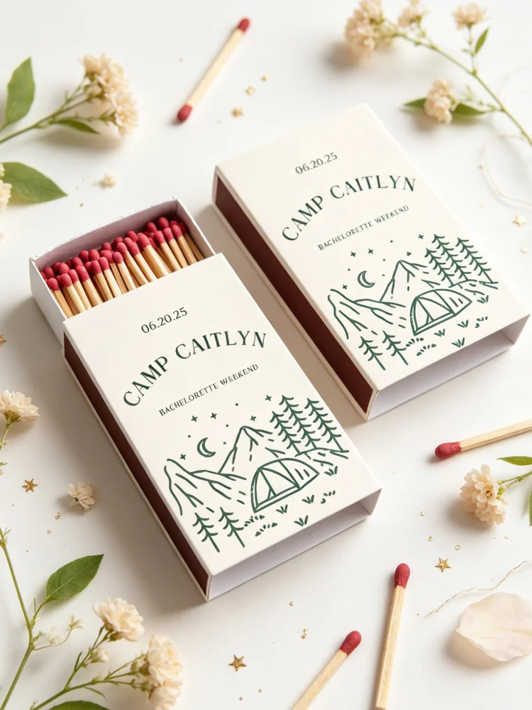 Personalized Camp Bachelorette Matchboxes Custom Camp Glamping Weekend Party Favors Campfire Themed Guest Keepsakes