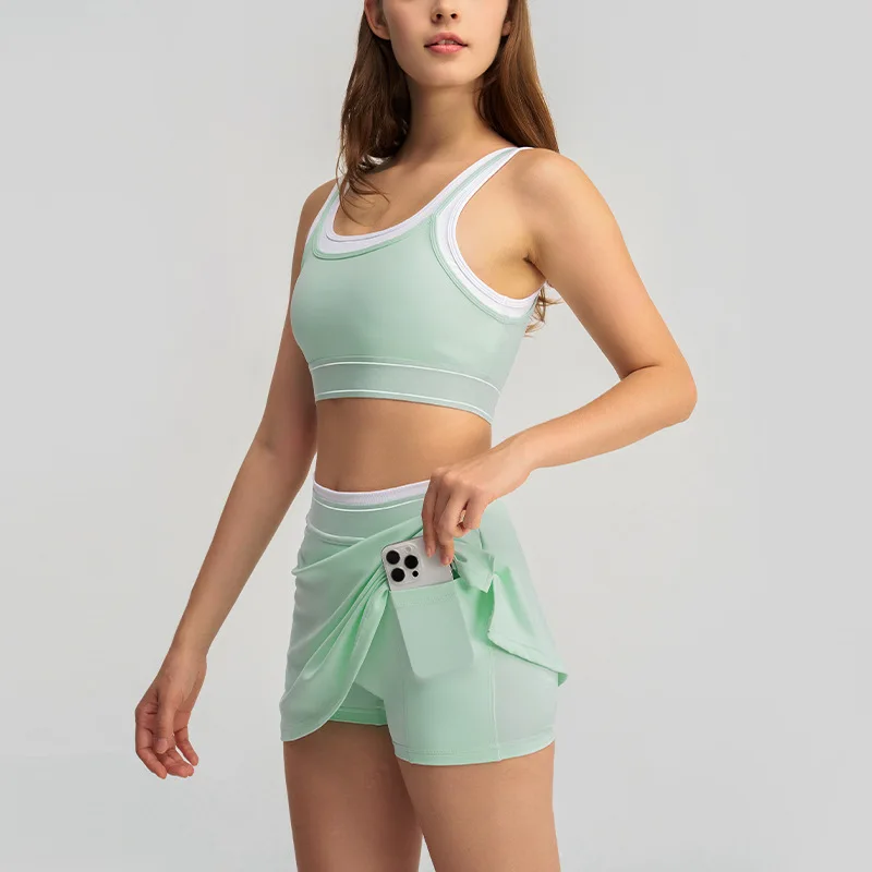 

Tennis Skirt 2 Piece set Racerback Sports Bra Skort with Pocket Badminton Workout Outfit 2026 Mint Green Black Gray Blue