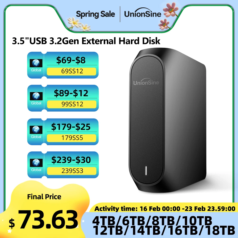 UnionSine 4TB 8TB 10TB 12TB 16TB 18TB 3.5"USB 3.2Gen External Hard Disk HDD Compatible Desktop/Laptop/Mac/Xbox/Xbox One/PS4/TV