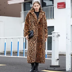 Winter Coat Women Long Faux Fur Coats Vintage Leopard Print Fur Jacket Warm Long Sleeve Cardigan Windproof Windbreaker Chic New