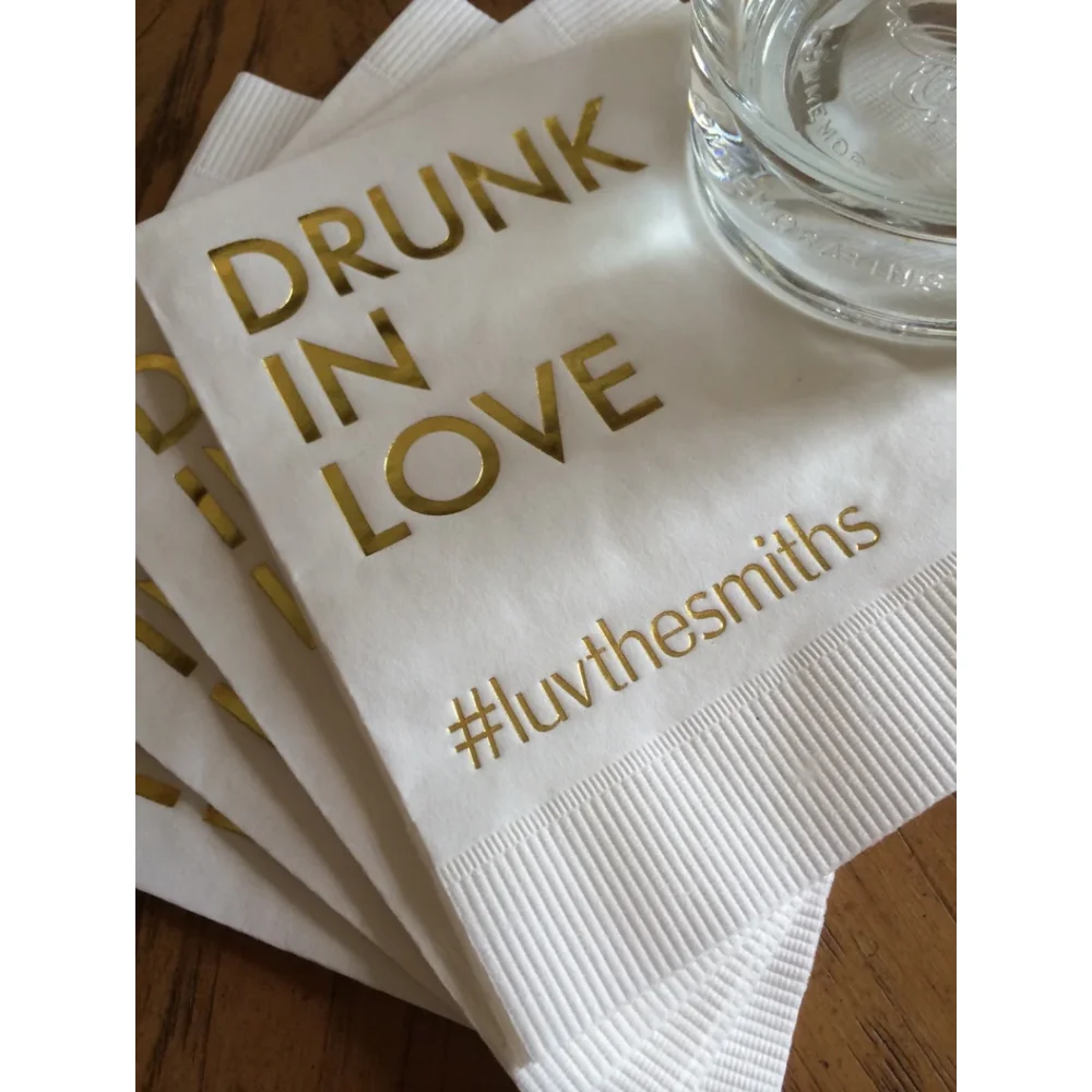 50Pcs Personalized Wedding Cocktail Napkins  Bridal Shower Paper Wedding Napkins Custom Monogram Drunk In Love Hash Tag Hashtag