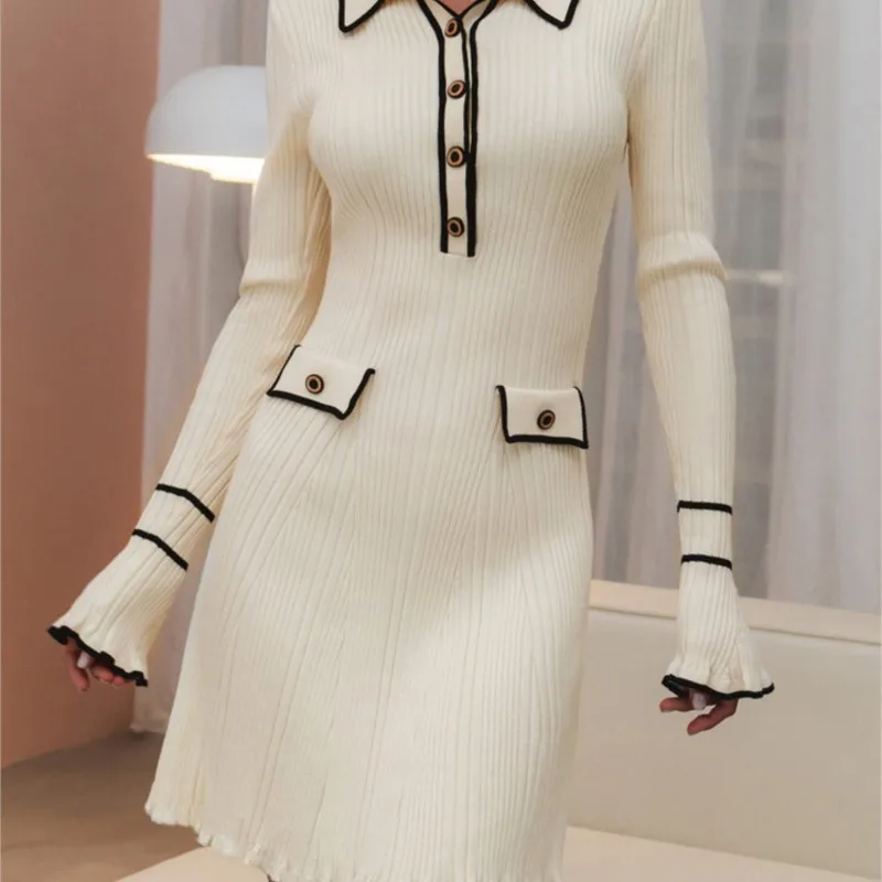 Color Blocking Slim Fit Long Sleeved Button Knit Dress For Women In Spring Autumn New Short French Groove Stripe Lapel Frock