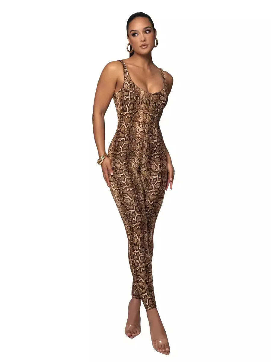 

Женский облегающий комбинезон с U-образным вырезом, принтованный, на бретелях, длинные брюки, из полиэстера, тонкий, стандартный крой, осенний сезон, производство Китай
