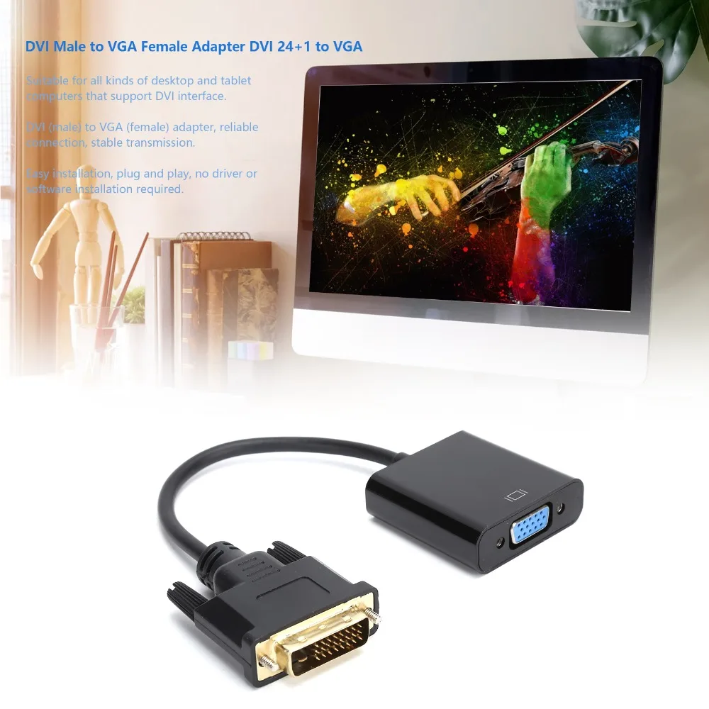 DVI 24+1 to VGA DVI Male to VGA Female Adapter Plug and Play Active DVI Adapter DVI-D to VGA Adapter for Desktop Tablet Computer