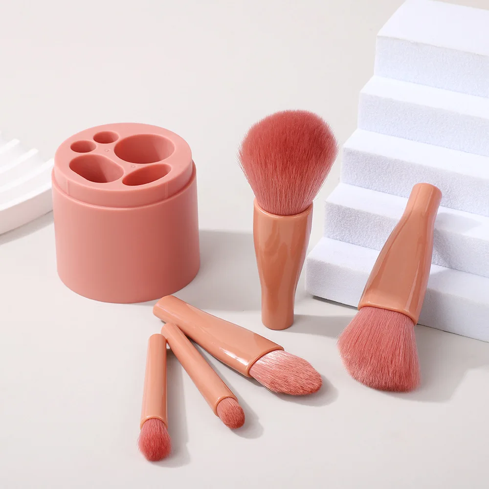 Juego de brochas de maquillaje profesional de 5 piezas con mango de antorcha y cubo de almacenamiento |   Cerdas de nailon veganas para mezclar bases, contorno,
