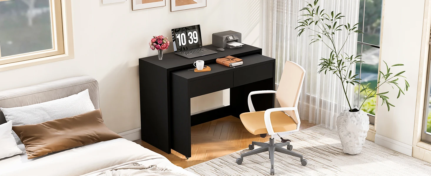 Regalschreibtisch 2-in-1 ausziehbar mit Kommode, faltbarer Schreibtisch mit Rollen, platzsparend & multifunktional – Detail 4