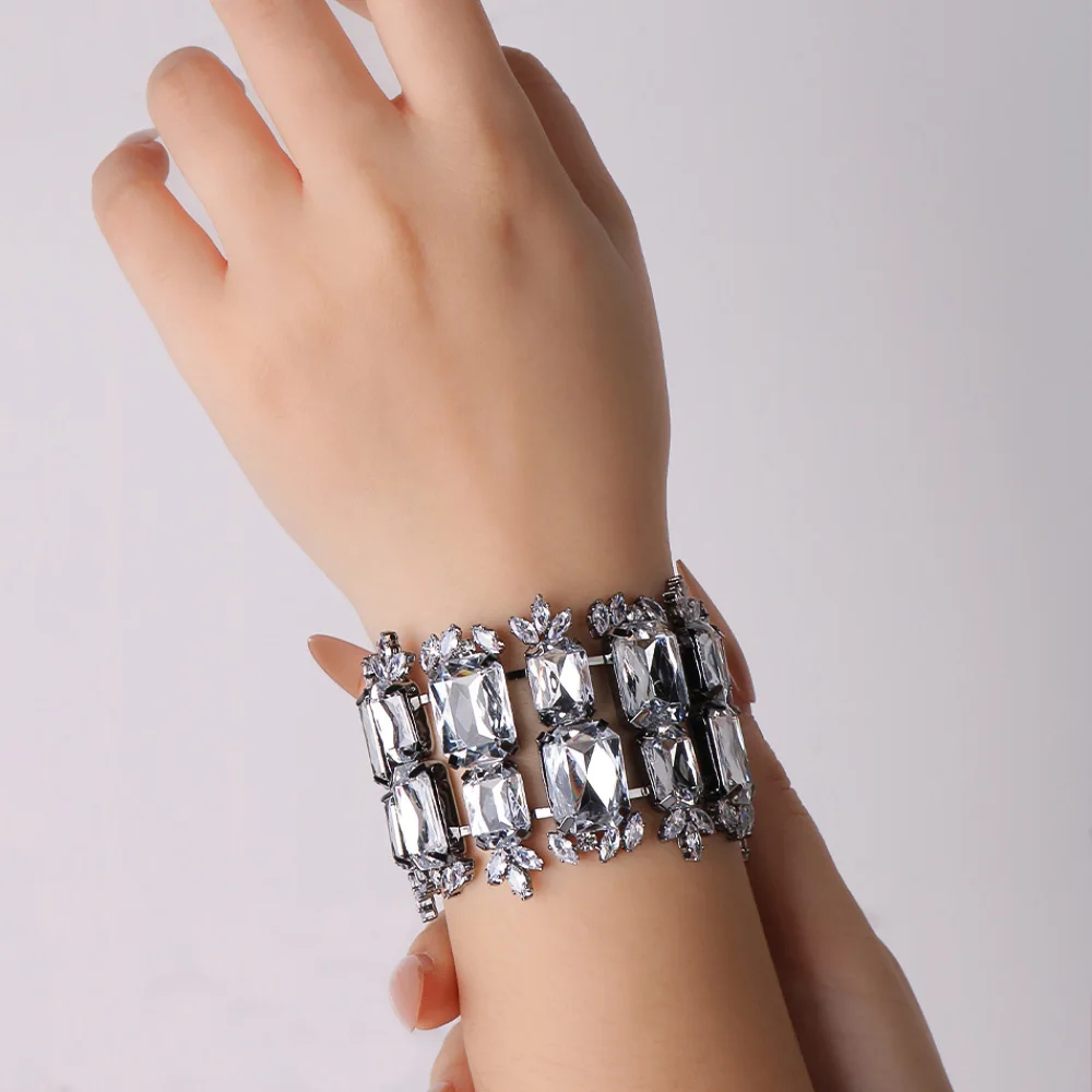 Stonefans Exaggerated Gun Black Square Crystal Bracelet for Women Retro Beat Double Layer Bracelet Hand Jewelry Accessories