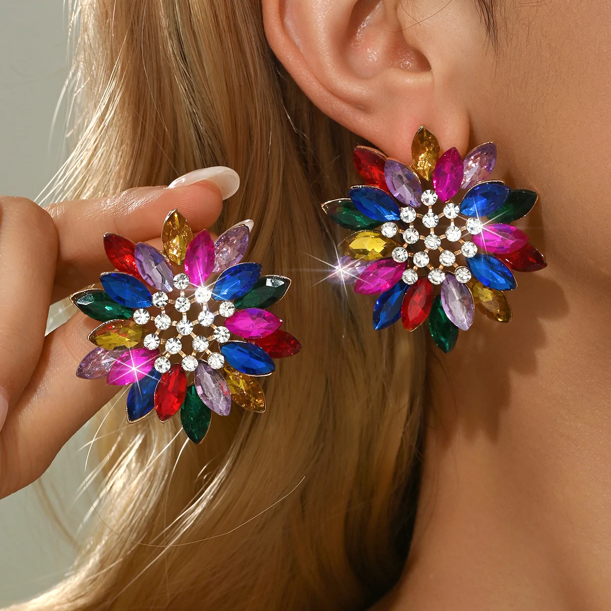 Bohemian Rainbow Sunflower Shaped Exaggerated Earrings with Mixed Color Gemstones Set in Island Resort Beach Dressing