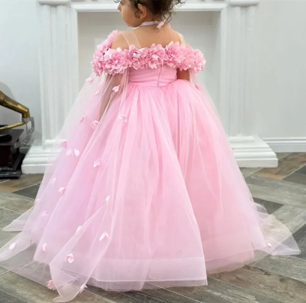 

Customized Pink Flower Girl Dresses For Wedding Tulle 3D Floral Shawl Princess Birthday Party First Communion Pageant Ball Gown