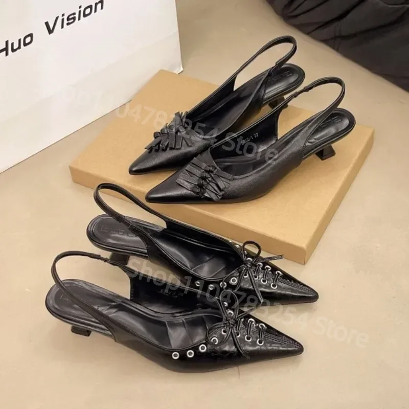 

2025 New Summer French Black Pointed Bowknot Mid-heel Overhead Sandals for Women Elegance Skinny Heel Back Empty Shoes