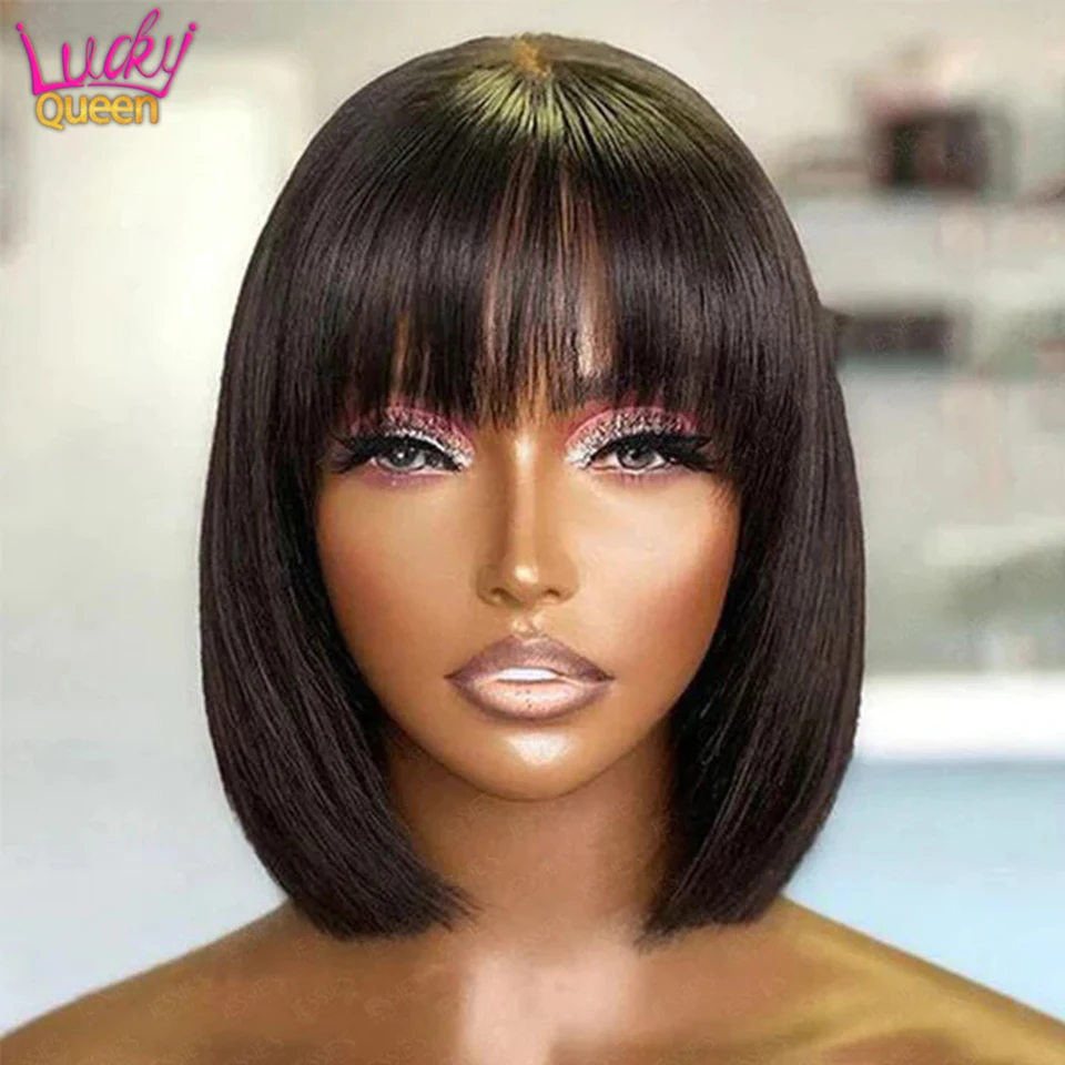 

180 Density 4x1 Lace Closure Wigs Natural Color Straight Short Bob Human Hair Wig With Bangs Remy Straight Hair Bob Wigs