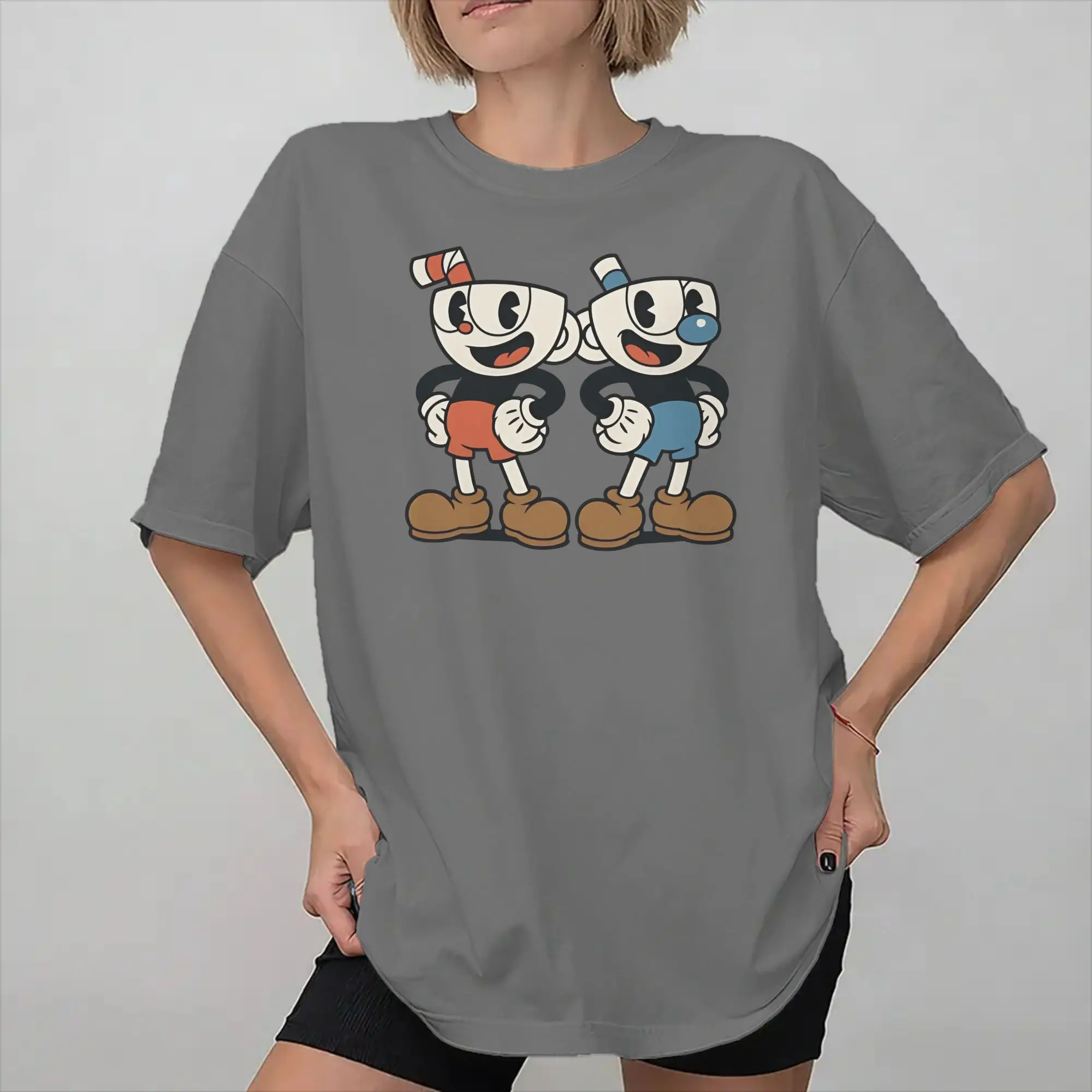Men Women Printed Cuphead and Mugman cup mug  Tee T Shirt Pure Cotton  T-shirts Clothes