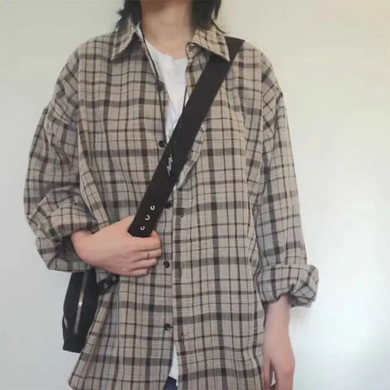 

Женские рубашки в клетку Свободная Базовая куртка унисекс Подростковая верхняя одежда женские винтажные свободные рубашки в стиле Харадзюку на пуговицах Блузка женская