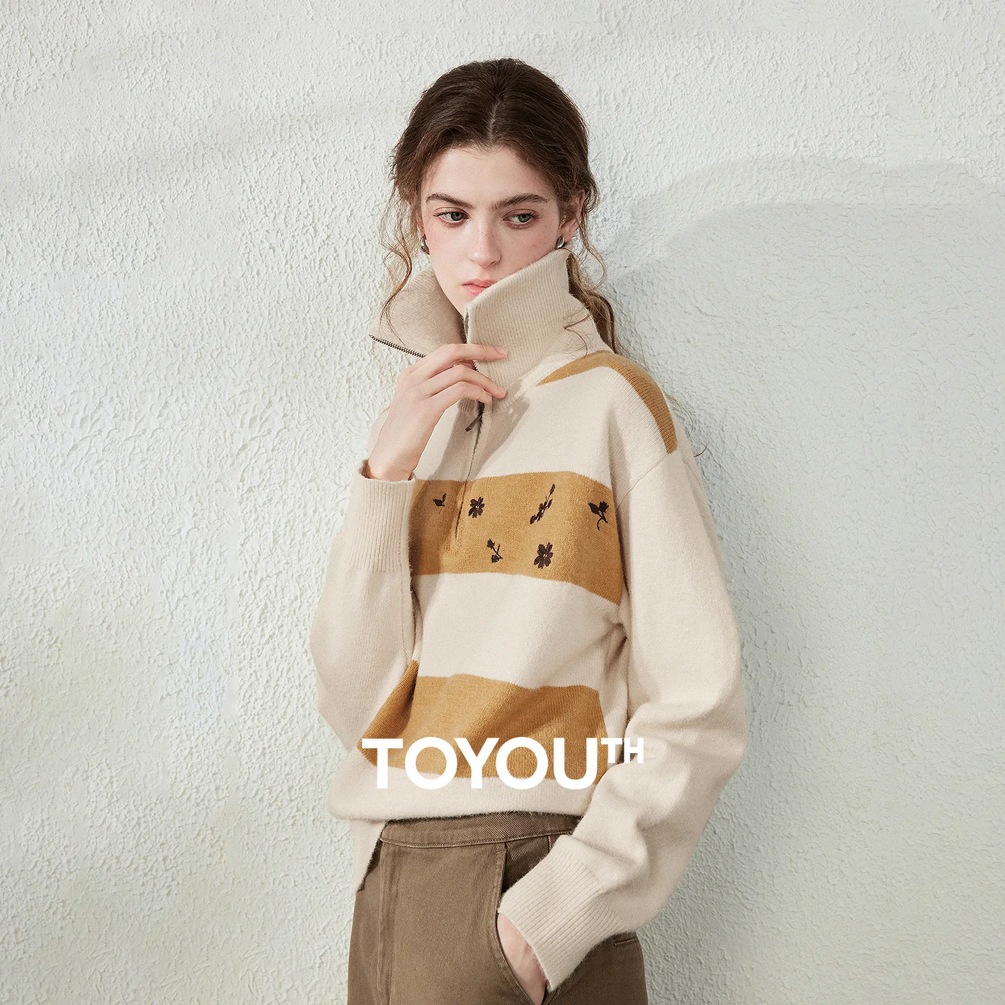 TOYOUTH Womens Knit Sweater 2026 Autumn New Soft Preppy Light Sport Zip Polo Collar Stripe Top