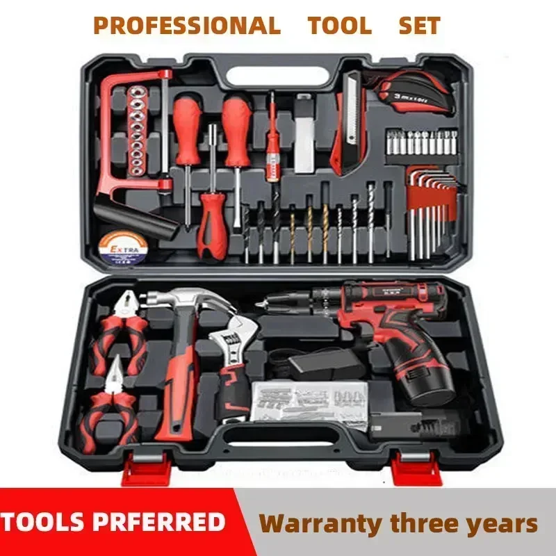 Complete Toolbox Kit with Drill Professional Hand Tool Set Combination Household Tool box Repairs Metal Woodworking Toolskit