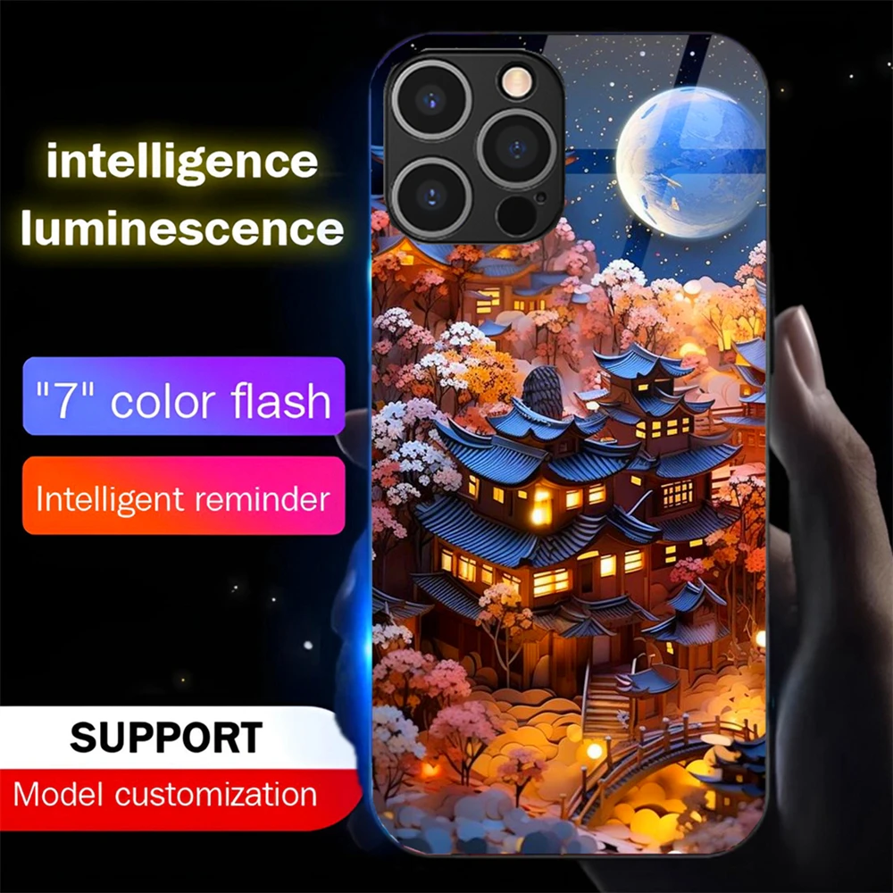 

Japanese Landscape Luminous Phone Case LED Light Glass Shockproof Cover For Samsung S25 S24 S23 S22 S21 S20 FE Note Plus Ultra