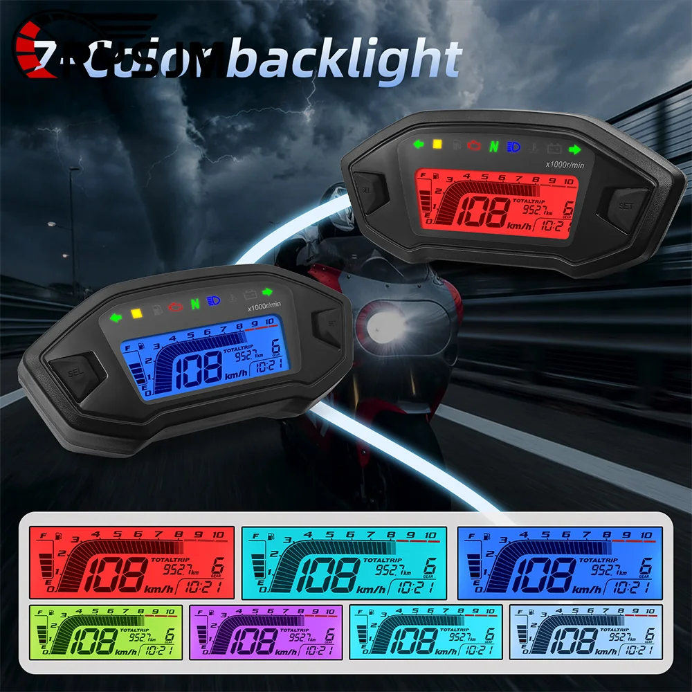 * 7 Color Backlight Motorcycle Digital Speedometer LCD Tachometer Instrument With Cluster Turn Signal Light Indicator Voltmeter