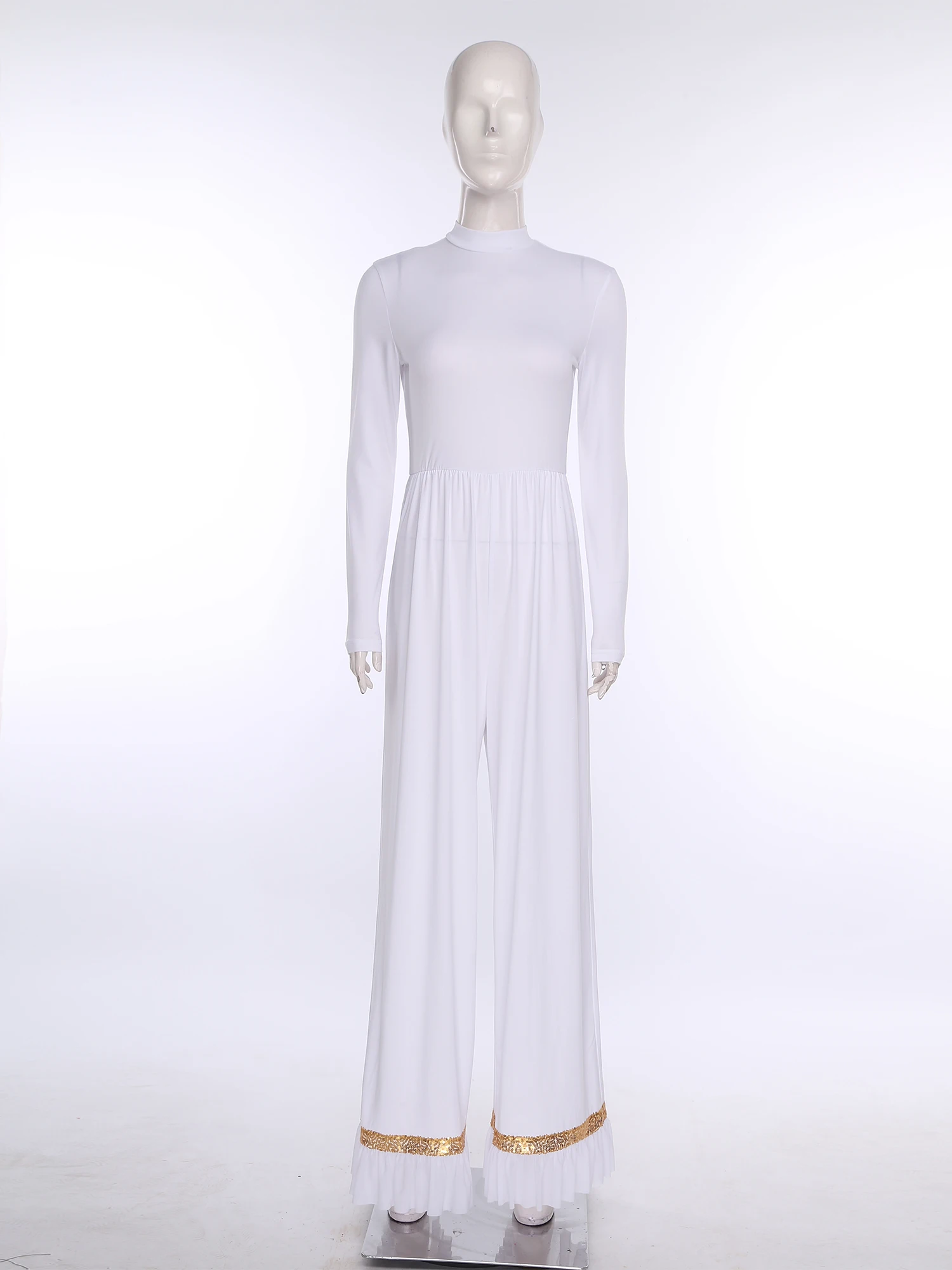 Vrouwen moderne dansvoorstelling kostuum aanbidding lof kerk rompertjes pailletten gegolfde mesh trim wijde pijpen broek eendelige jumpsuit