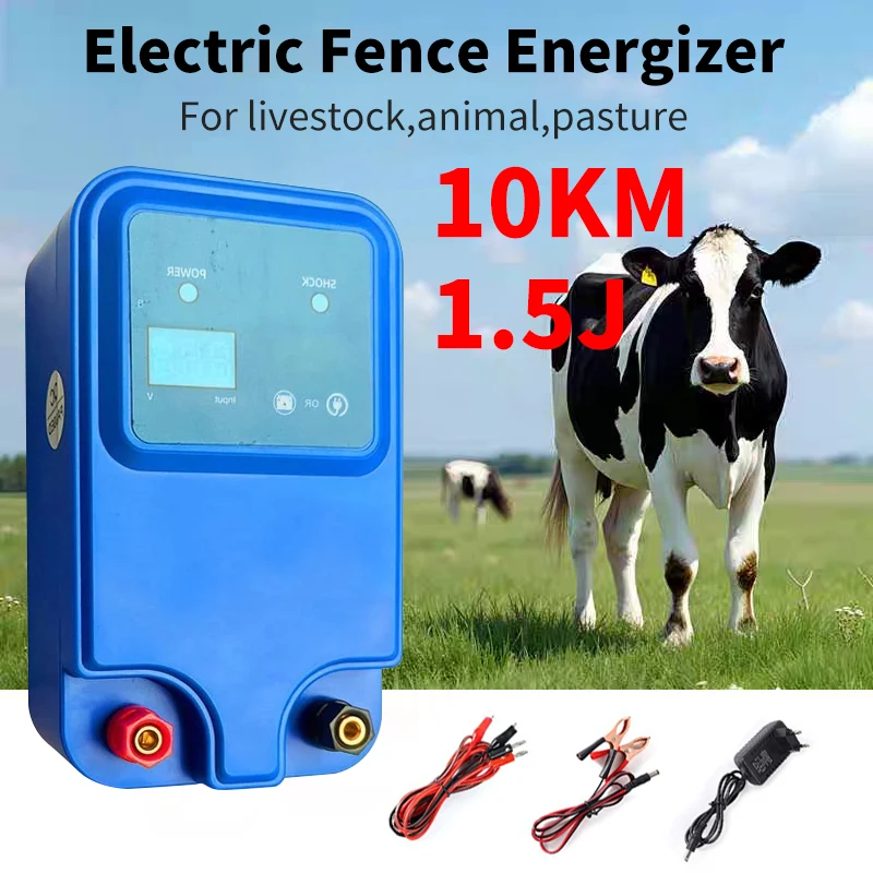 

10km 1.5J Electric Fence Energizer Animals Electronic Pulse Fence Controller for Cattle Sheep Livestock Pasture Fence Device 12V