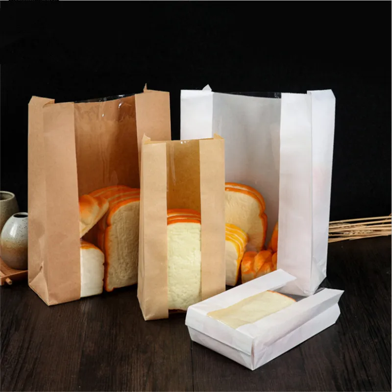 100 Pcs Oil-Proof Food Paper Bags Window Transparent Bread Toast Baking Package