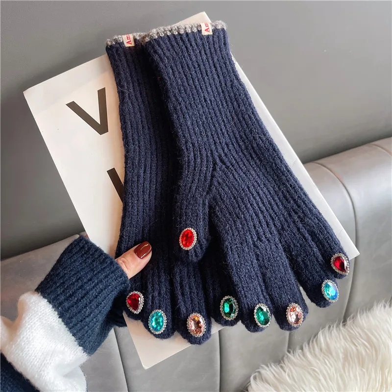 Frauen Winter Warme Gestrickte Volle Finger Handschuhe Solide Wolle Luxus Strass Mädchen Mode Touchscreen Fäustlinge Weibliche Drving – Detail 12