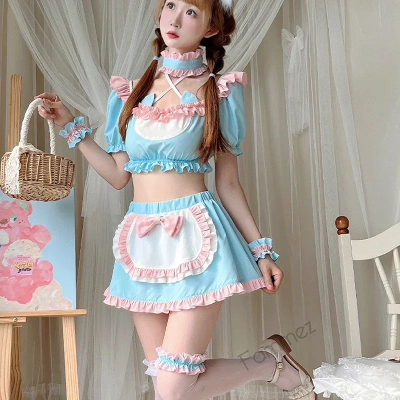 Lolita Cute Anime Princess Cosplay Cat Ears Ruffle Crop Tops Bowknot Apron Skirt Sweet Candy Girl Pink Blue Maid Dress Drops MN9