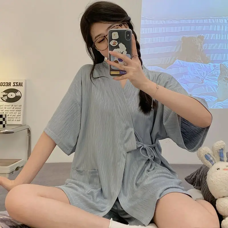 Japan Style Pajama Sets Women Simple Lace-up Sleepwear Baggy Summer Kawaii Female Cozy Leisure Short Sleeve Homewear New Trendy