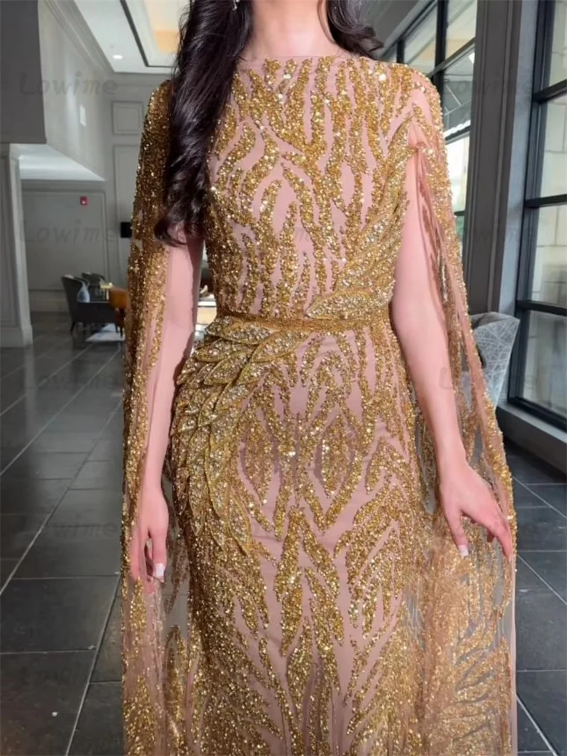 Gold Beaded Glitter Sequins Evening Dress Arabic Dubai Cape Sleeves Mermaid Celebrity Dresses Customized Formal Prom Party Gowns