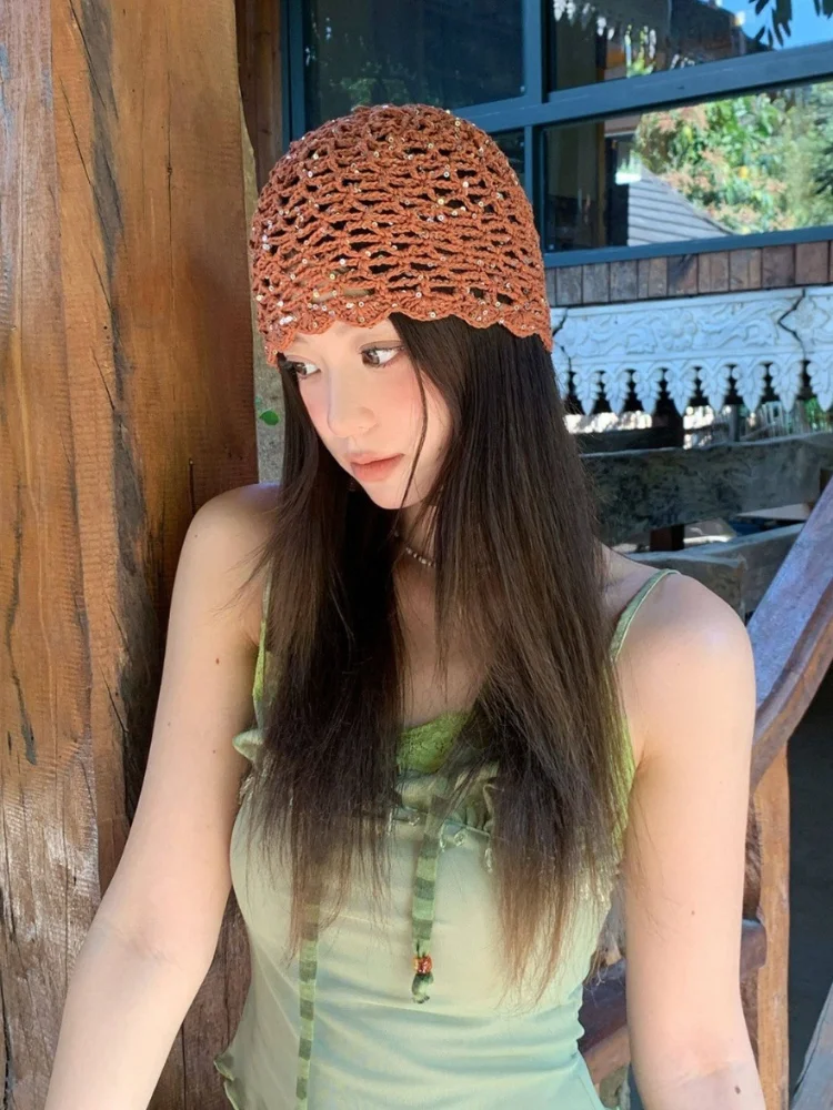 Women's Crochet Knit Beanie Hat, Hollow Out Sequined Mesh Skull Cap, Handmade Boho Summer Cool Hat for Beach Travel Vacation