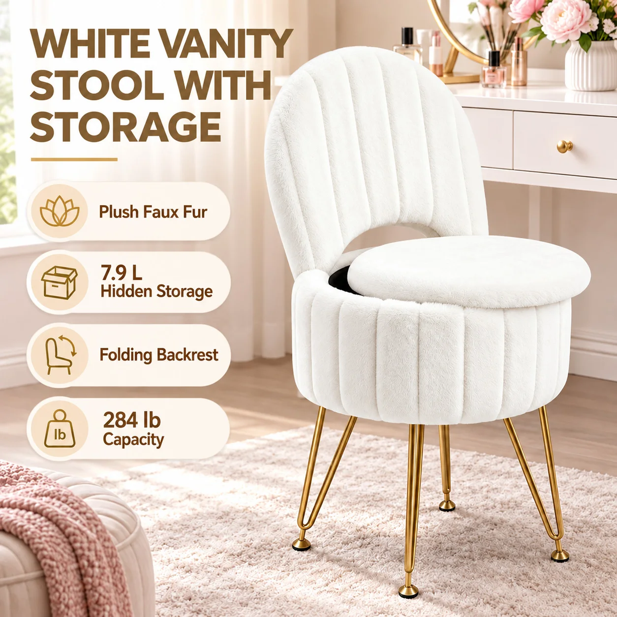 White Faux Fur Vanity Stool Chair with 7.9 Liter Hidden Storage Folding Backrest Thick Padded Seat Gold Metal Legs Adjustable Feet 284 LB Capacity Compact Makeup Ottoman Bench for Bedroom Living Room