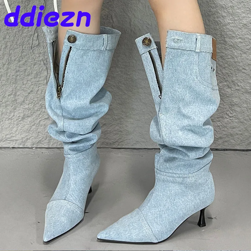 Kobiece buty ze szpiczastym noskiem Nowoczesne damskie długie buty Projektant mody Denim Damskie buty do kolan z cienkimi obcasami