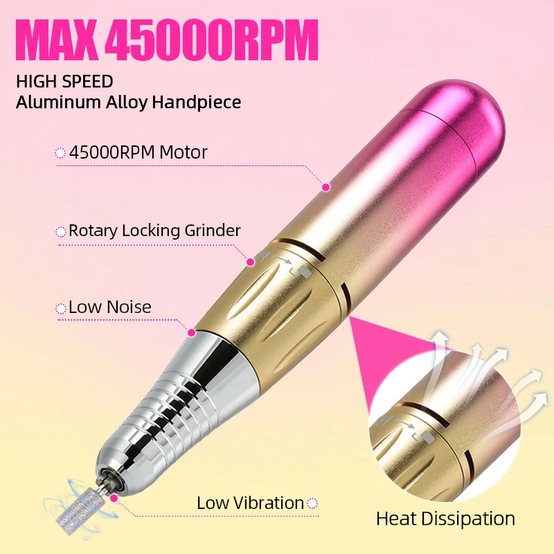 Brocas de unhas elétricas com display LCD, recarregável Nail Drill, Máquina de Manicure, Caneta Gel Polonês, Broca sem fio portátil, 45000RPM