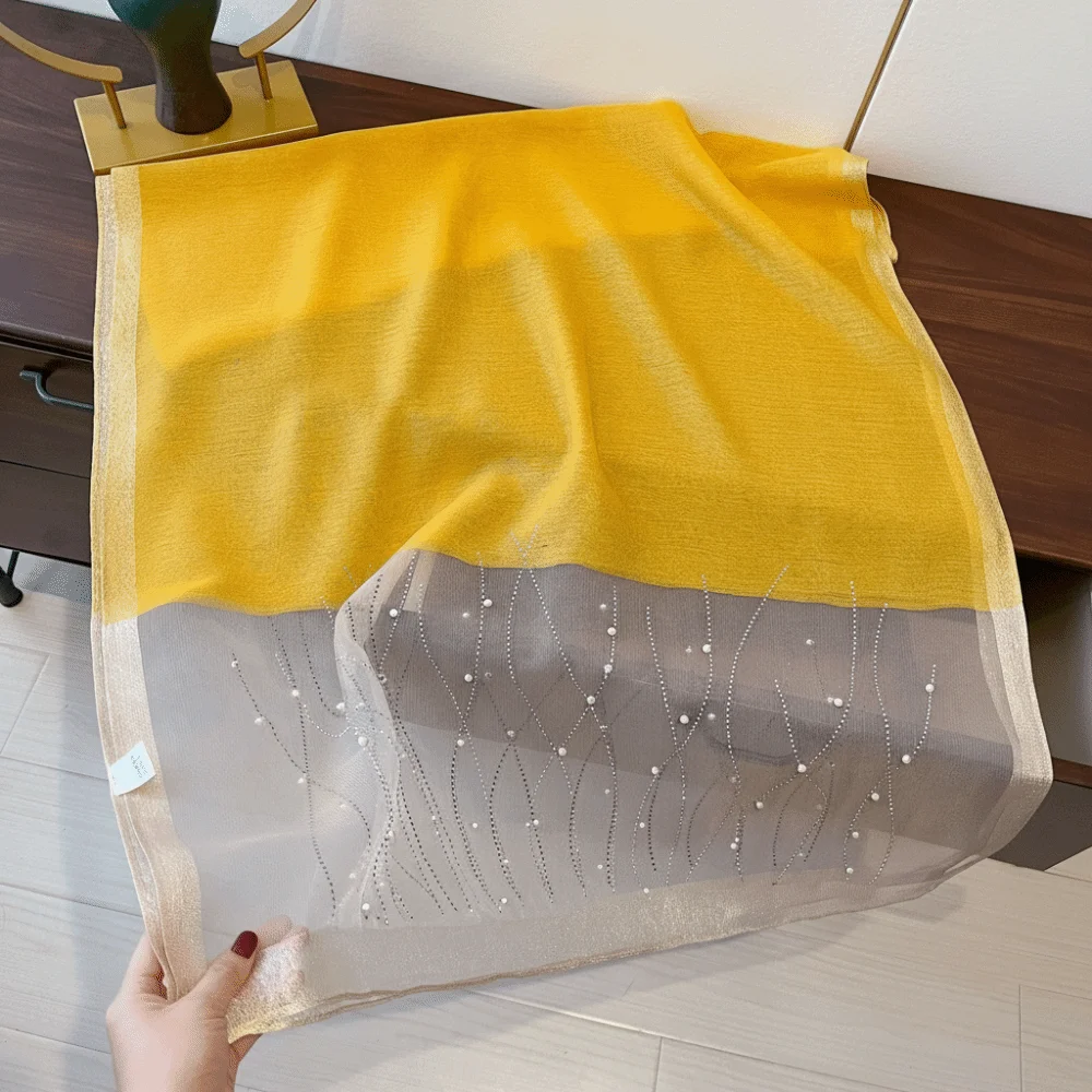 

Fashion Shimmer Pearls Striped Hijab Scarf Soft Plain Solid Sunscreen Shawl Long Breathable Foulard Hijab