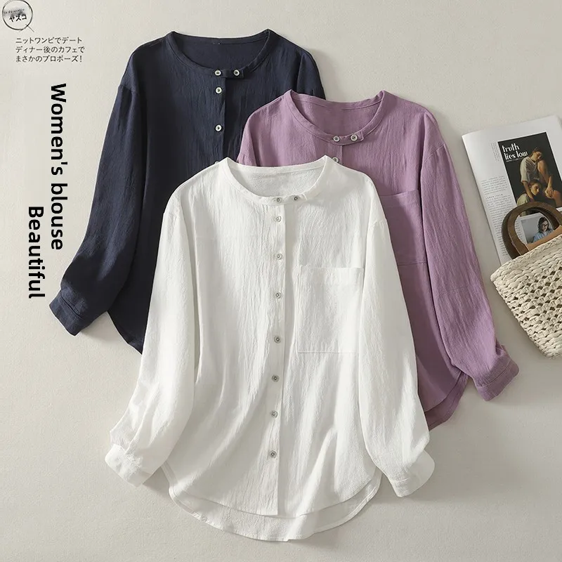 

Artistic Linen irt Women's Loose Fit Spring Autumn round Ne Single Button Pure Color Breathable Long Sve Casual Top