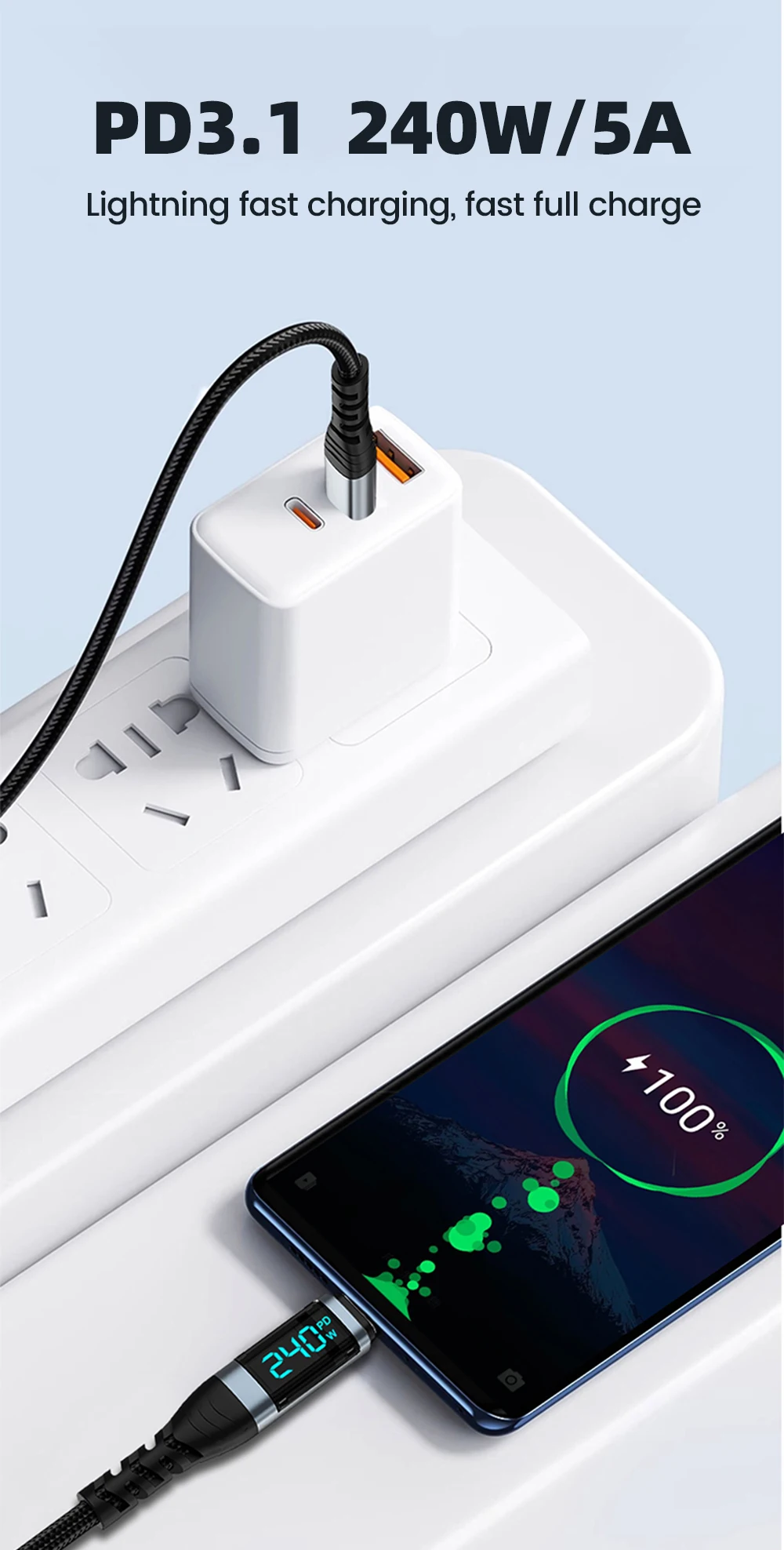 NNBILI 240W Digital-Display-Kabel Typ C auf Typ C Schnellladekabel USB-C-Datenkabel für iPhone 18 Pro Huawei iPad Laptop – Detail 3