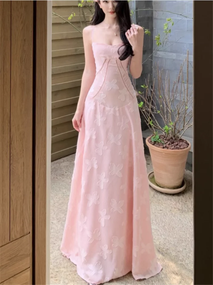 عطلة نمط الجنية الأبيض الوردي الأشرطة المطرزة فستان طويل الفرنسية الجديدة الصيف الجوف شاطئ شاطئ البحر منتجع ألف خط فستان الصور