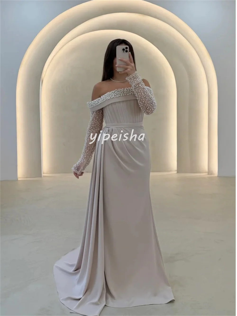 تخصيص معقدة البريق جيرسي اللؤلؤ حجر الراين وشاح ثنيات حورية البحر خارج على الكتف فساتين طويلة فساتين السهرة رائعة #2