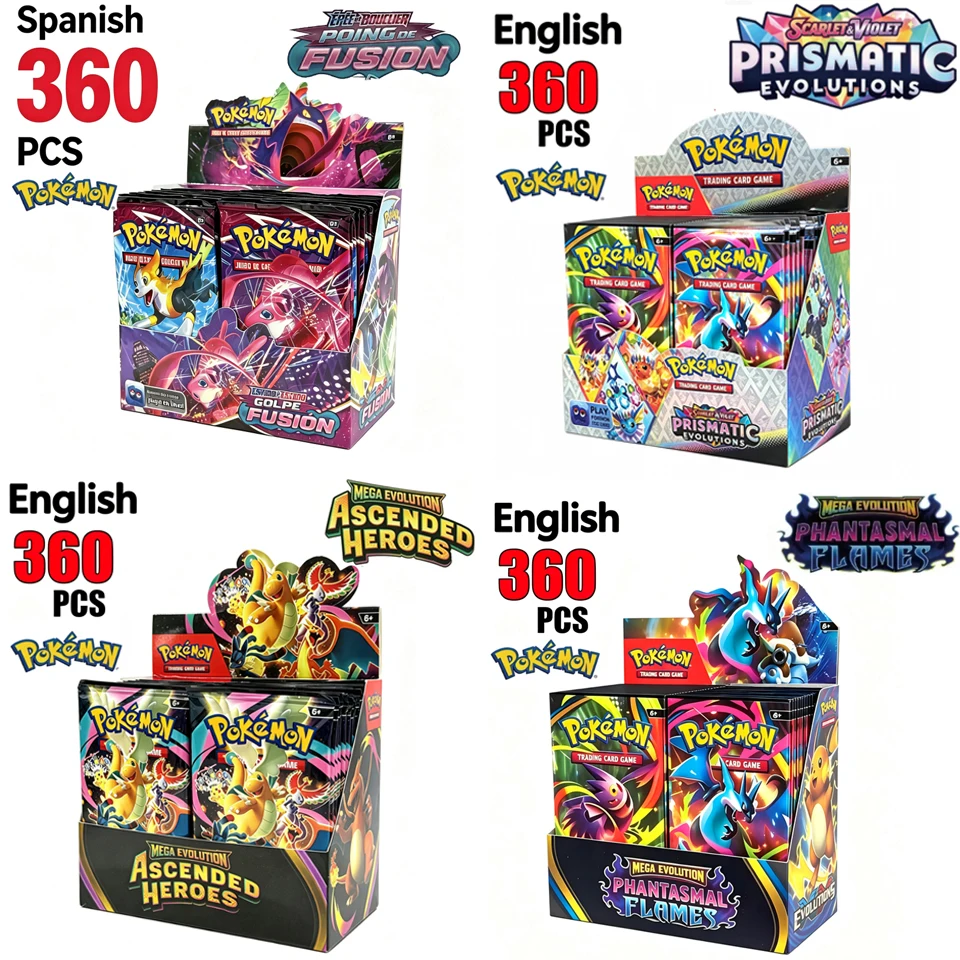 360 Stück Englisch-Spanische Pokémon-Karten, Rivals Prismatic Evolutions Karten, Stellar Crown 151 Ultra Prism Mega Evolution Booster