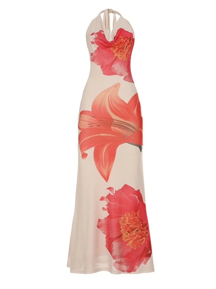 SsTss Summer Fashion Sheer Mesh Floral Print Long Dress Women Sexy Halter Swinging Collar Sleeveless Backless Holiday Maxi Dress