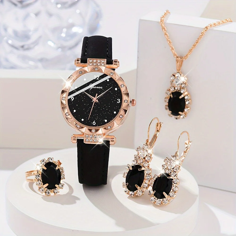 5pcs/set Women\'s Shiny Rhinestone Quartz Watch Analog PU Leather Wrist Watch & Jewelry Set, Gift For Mom Her