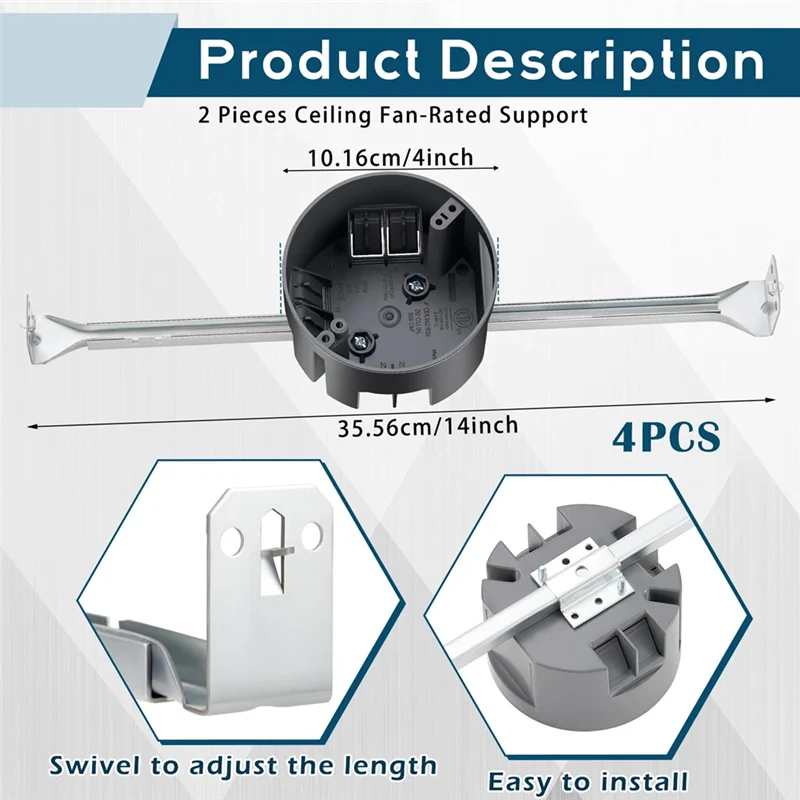 ABJN-4Pcs دعامة مروحة السقف، صندوق كهربائي قابل للتعديل مقاس 14-24.5 بوصة مع قضبان دعم، لمروحة السقف وتثبيت تركيبات الإضاءة