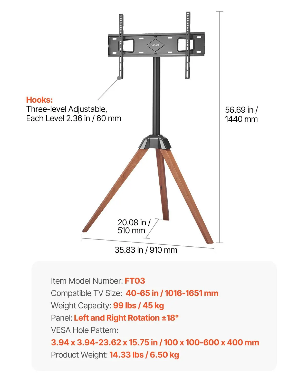 

Подставка-тренога для телевизора, для плоских/изогнутых телевизоров с диагональю 40-65 дюймов, весом до 99 фунтов, 18 дюймов. ° Портативная подставка для телевизора с функцией вращения влево-вправо, из дуба