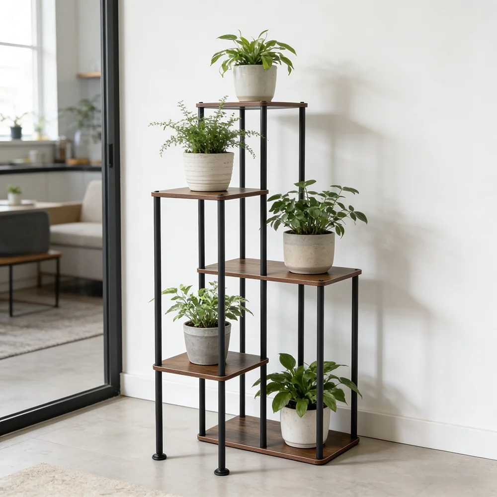 Industrial Rustic Wood 5-Tier Plant Stand, Metal Pipe Ladder Shelf, Floor-Standing Flower Pot Rack for Patio, Balcony, Living Ro