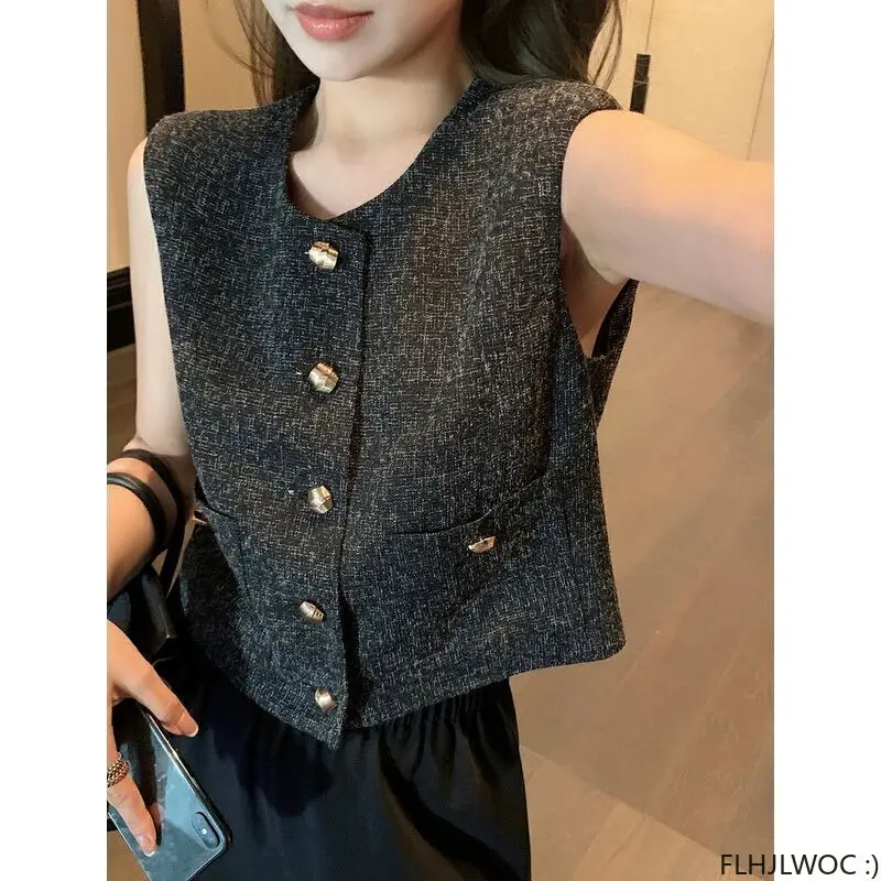 Hot Sales Chic Korea Design Korea Style High Street Women Fashion Cute Elegant Office Lady Button Short Coats Sleeveless Jackets