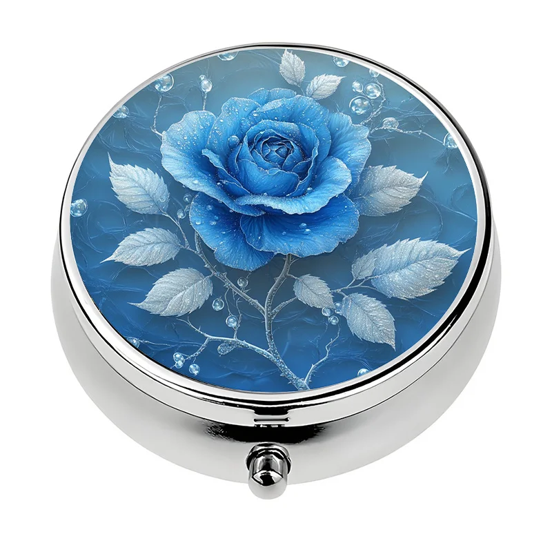 1 Pill Box with 3 Compartments, Ice Blue Rose Themed Mini Pill Container, Pill Organizer, Unique Gift, Easy to Carry, Unique Gift Item